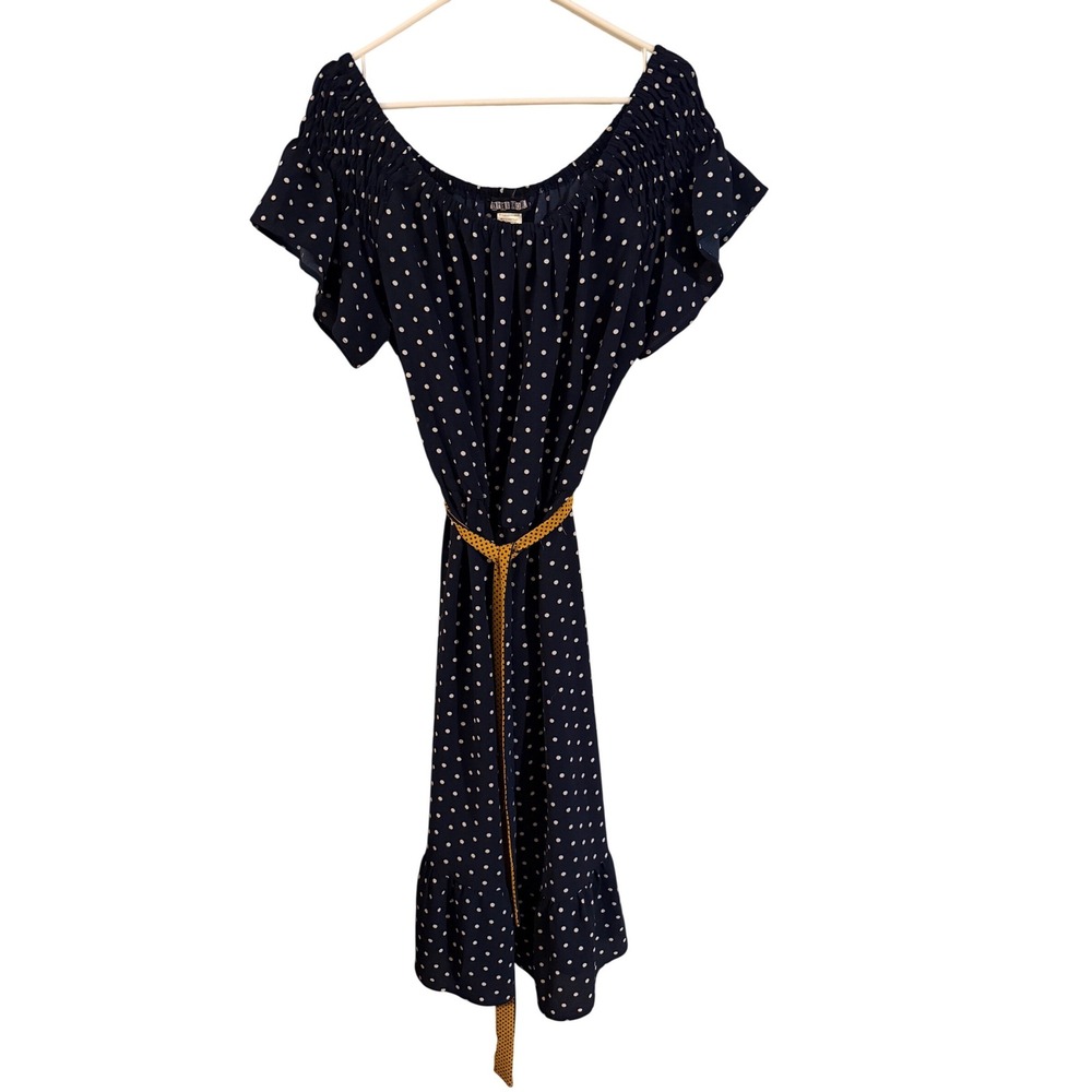 Navy Blue White Polka Dot Off Shoulder Smocked‎ Midi Dress Yellow Belt 2X